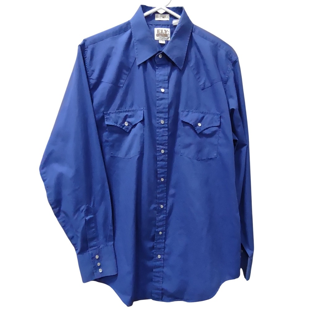 Ely Cattleman Tall Man Long Sleeve Western Snap Button Shirt Blue L 16 1/2 37